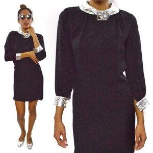 Vtg 60's Mod Space Age Black Silver Shift Dress